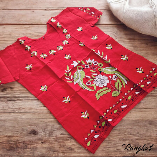 लाल | 42" Size - Pure Cotton Kantha Stitch Women's Top - Women's Top | Tags: Red