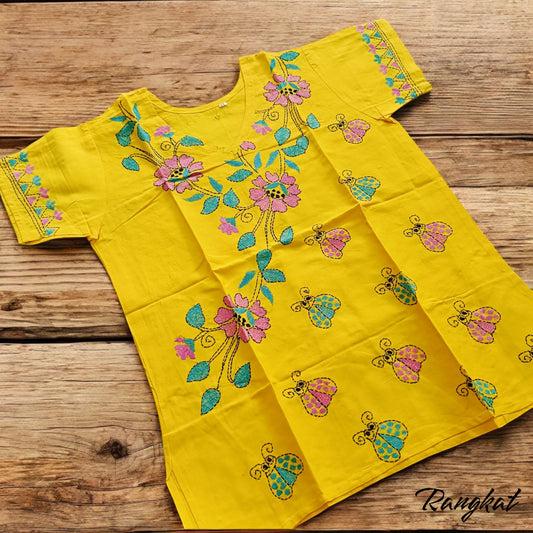 गेंदिया | 38" Size - Pure Cotton Kantha Stitch Women's Top - Women's Top | Tags: Yellow