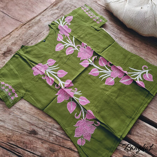 मेहंदी | 36" Size -  Pure Cotton Kantha Stitch Women's Top - Women's Top | Tags: Mehendi Green