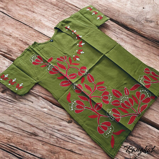 हरा गुलाल | 36" Size - Pure Cotton Kantha Stitch Women's Top - Women's Top | Tags: Mehendi Green