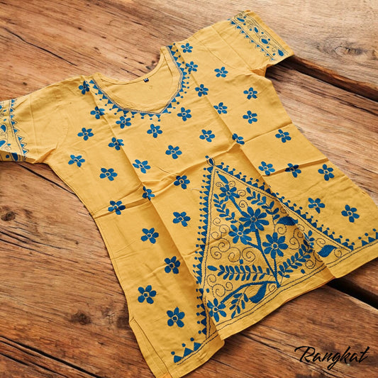 पीला | 40" Size - Pure Cotton Kantha Stitch Women's Top - Women's Top | Tags: Yellow