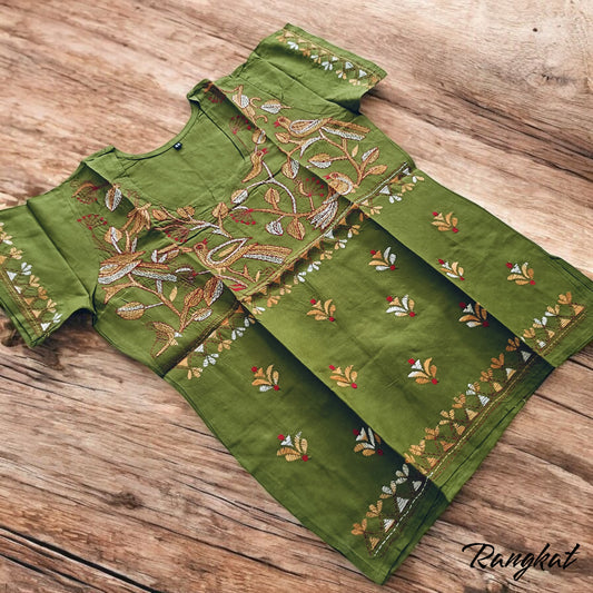 विरवा | 38" Size - Pure Cotton Kantha Stitch Women's Top - Women's Top | Tags: Mehendi Green