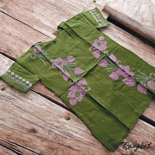 पत्तियाँ | 44" Size - Pure Cotton Kantha Stitch Women's Top - Women's Top | Tags: Mehendi Green