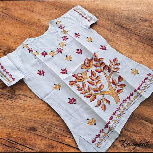 चाँदी | 38" Size - Pure Cotton Kantha Stitch Women's Top - Women's Top | Tags: White