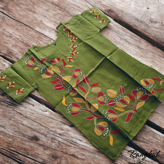 तुलसी | 36" Size - Pure Cotton Kantha Stitch Women's Top - Women's Top | Tags: Mehendi Green