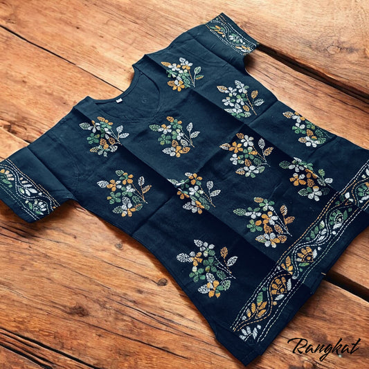 श्याम | 40" Size - Pure Cotton Kantha Stitch Women's Top - Women's Top | Tags: Black