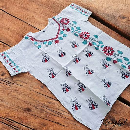 श्वेत | 42" Size - Pure Cotton Kantha Stitch Women's Top - Women's Top | Tags: White