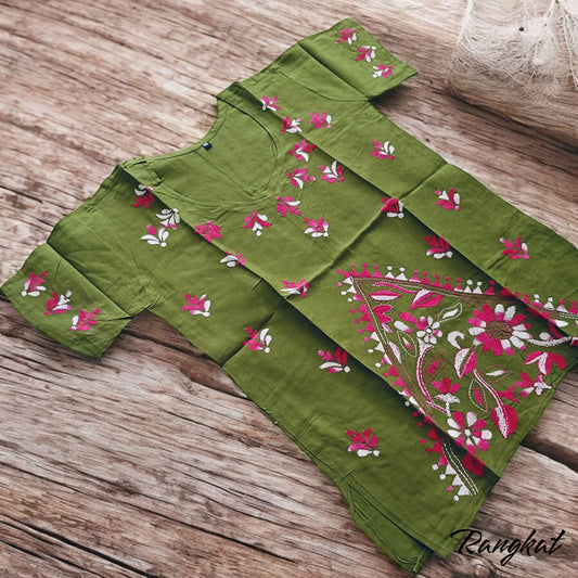 हरियाली | 36" Size - Pure Cotton Kantha Stitch Women's Top - Women's Top | Tags: Mehendi Green