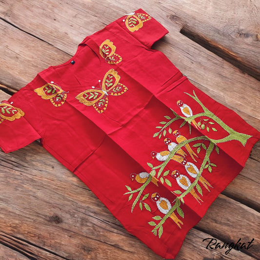 सिंदूर | 38" Size - Pure Cotton Kantha Stitch Women's Top - Women's Top | Tags: Red