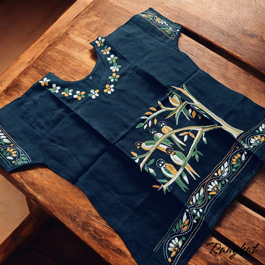 काला | 44" Size - Pure Cotton Kantha Stitch Women's Top - Women's Top | Tags: Black