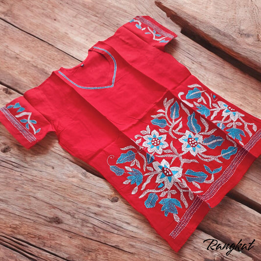 लाली | 38" Size - Pure Cotton Kantha Stitch Women's Top - Women's Top | Tags: Red