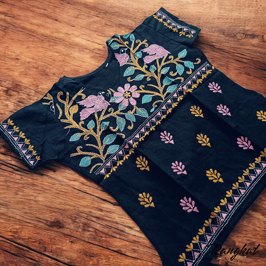 धूम | 44" Size - Pure Cotton Kantha Stitch Women's Top - Women's Top | Tags: Black