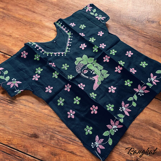 छाया | 42" Size - Pure Cotton Kantha Stitch Women's Top - Women's Top | Tags: Black