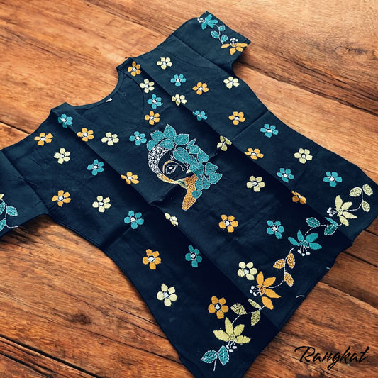 तिमिर | 40" Size - Pure Cotton Kantha Stitch Women's Top - Women's Top | Tags: Black