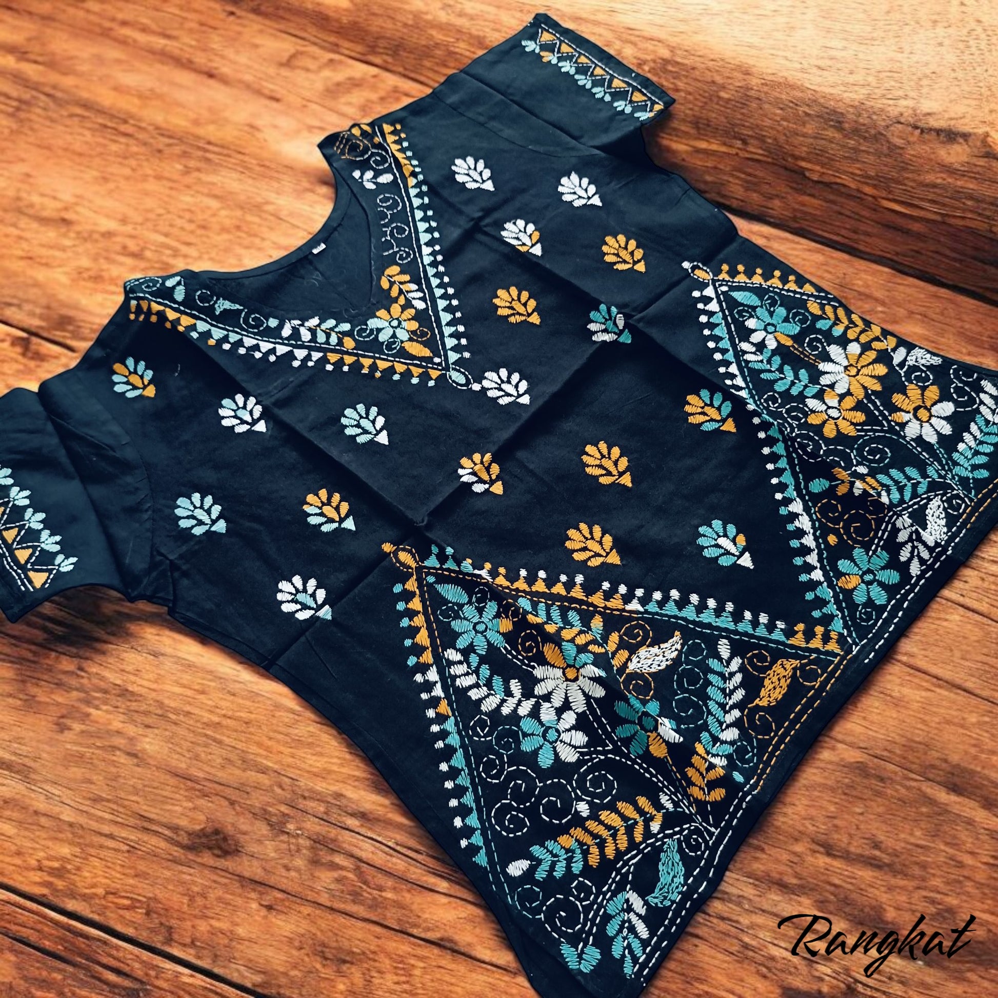 रात | 46" Size - Pure Cotton Kantha Stitch Women's Top - Women's Top | Tags: Black