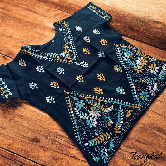 रात | 46" Size - Pure Cotton Kantha Stitch Women's Top - Women's Top | Tags: Black