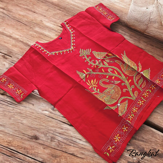 अरुण | 42" Size - Pure Cotton Kantha Stitch Women's Top - Women's Top | Tags: Red
