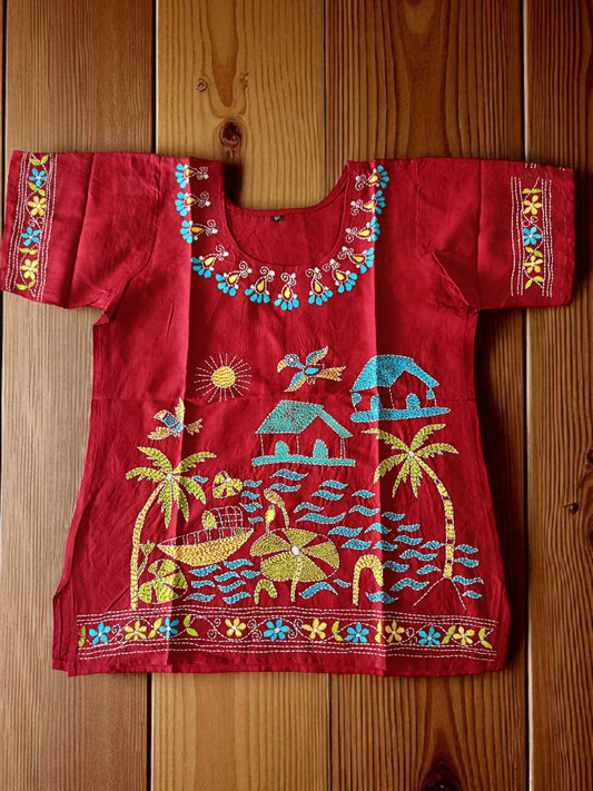 रक्तिमा | 38" Size - Pure Cotton Kantha Stitch Women's Top