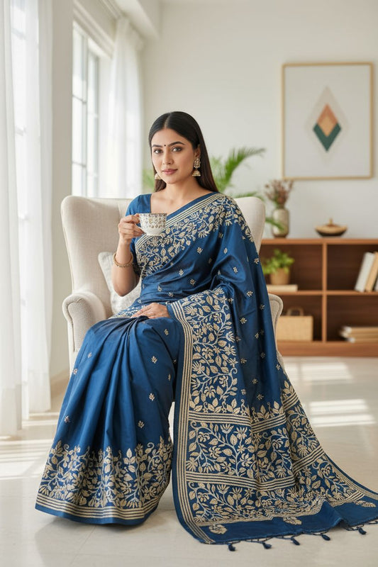 Woman in a blue saree sitting in a bright room holding a cup.