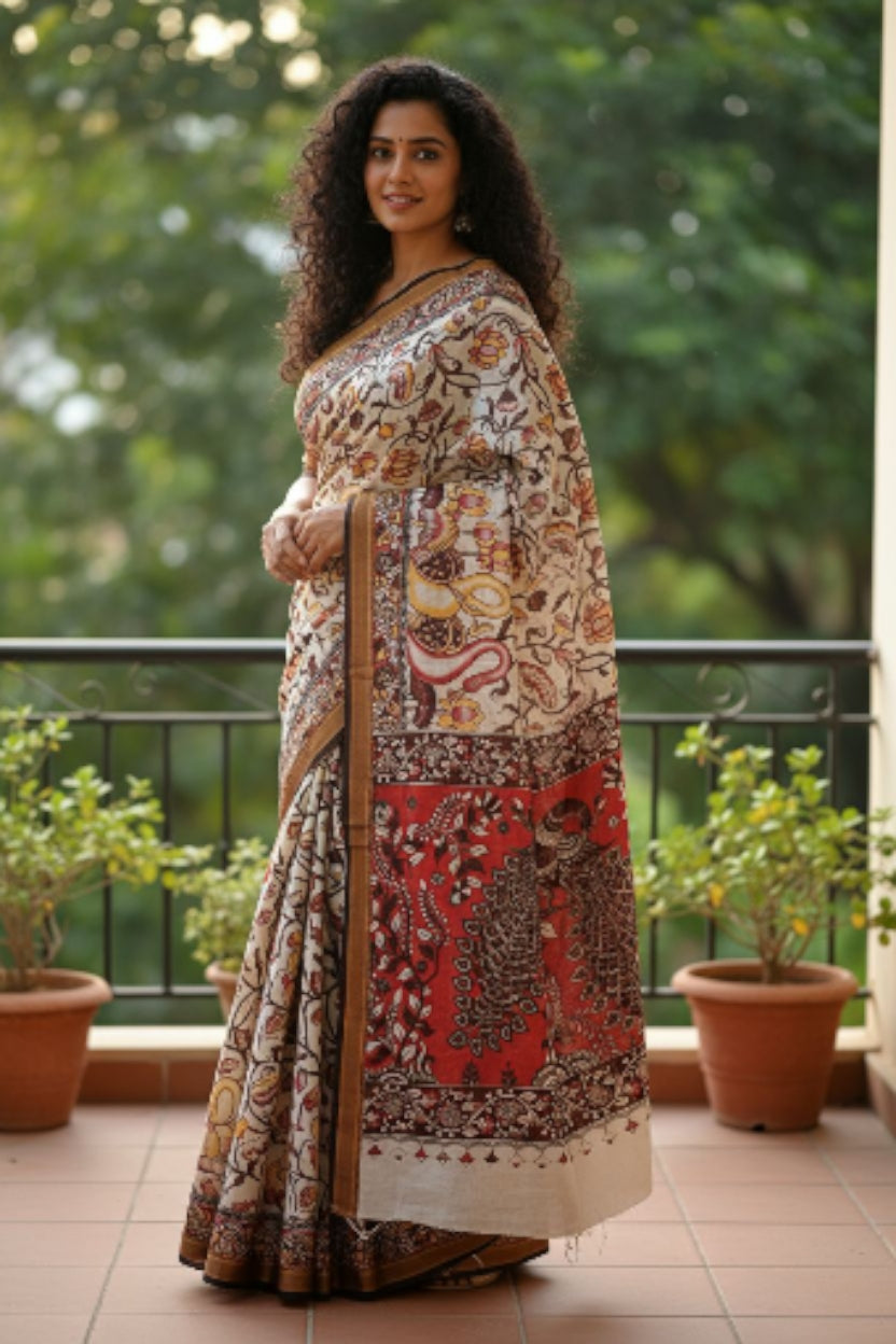 Woman in a patterned saree standing on a balcony with greenery in the background
