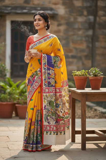 Woman in a colorful saree standing outdoors with potted plants and a stone wall in the background.