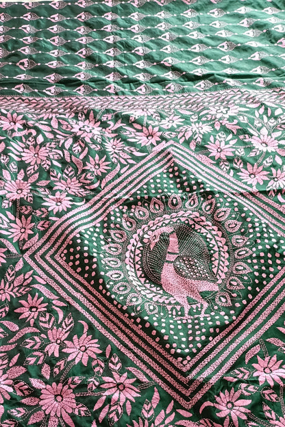 हस्तनिर्मित कांथा सिलाई रेशम साड़ी