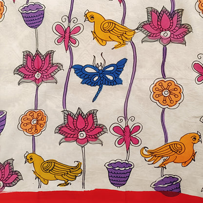 Colorful pattern of birds, flowers, and butterflies on a beige background