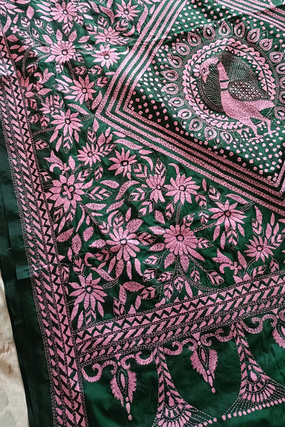 हस्तनिर्मित कांथा सिलाई रेशम साड़ी