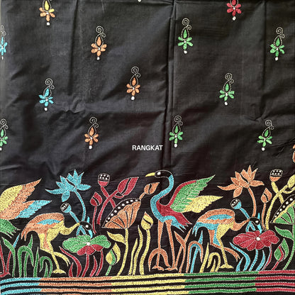 Black fabric with colorful floral and bird embroidery, featuring the brand 'Rangkat'.