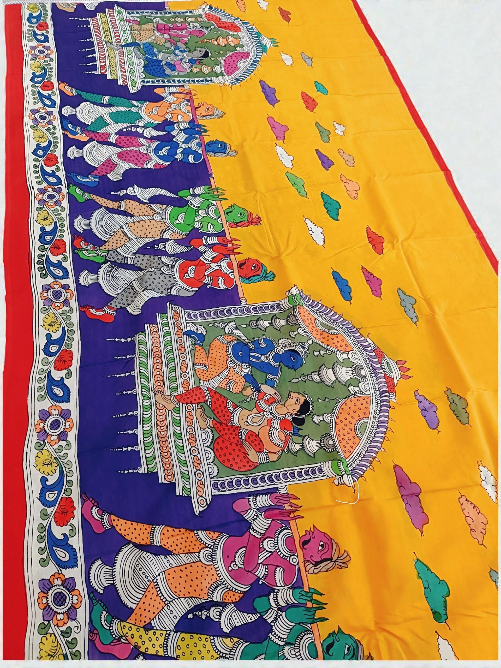 Colorful fabric with intricate patterns on a yellow and blue background