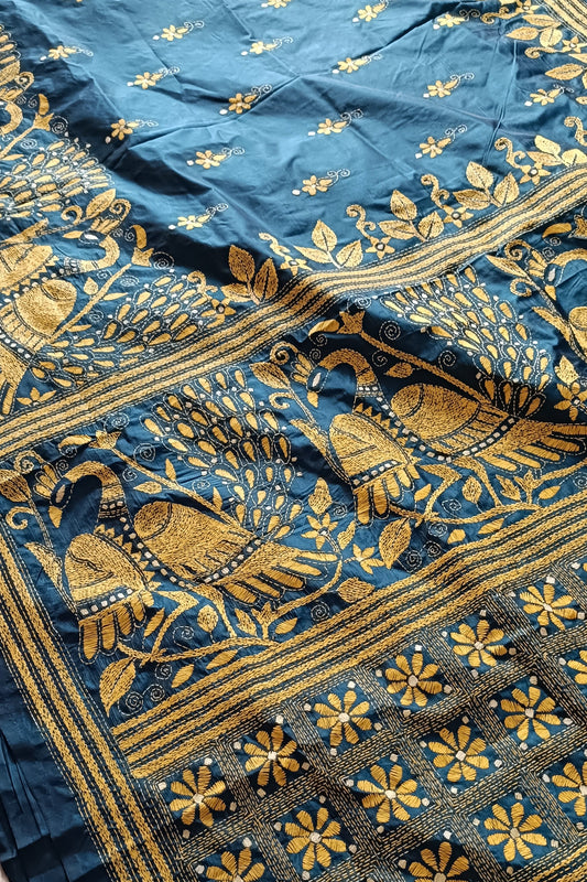 Handcrafted Kantha Stitch Silk Saree