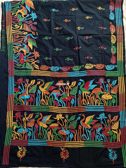 Colorful embroidered fabric with intricate patterns and 'Rangkat' branding.