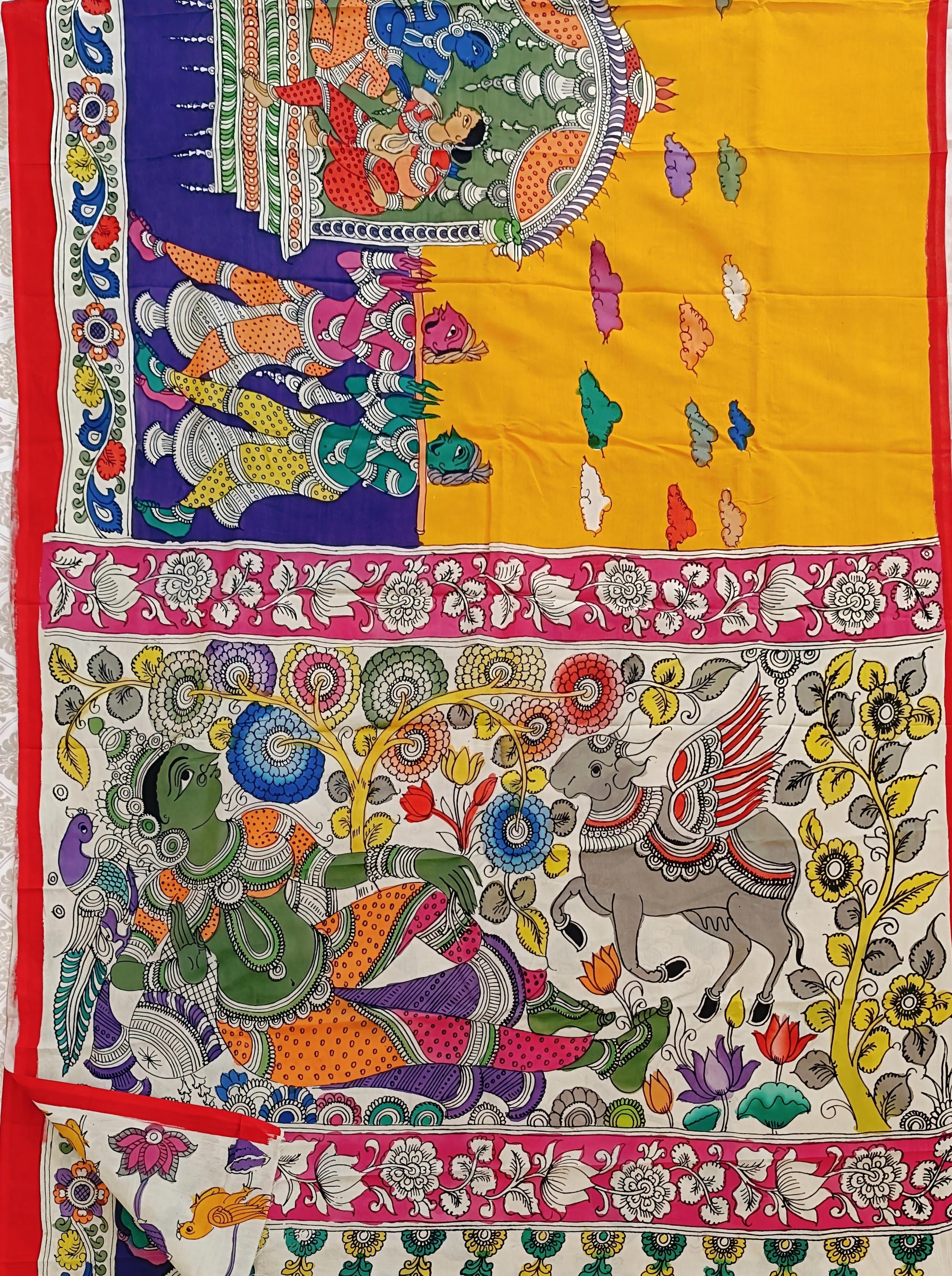 Colorful tapestry with intricate designs of animals and patterns on a yellow background