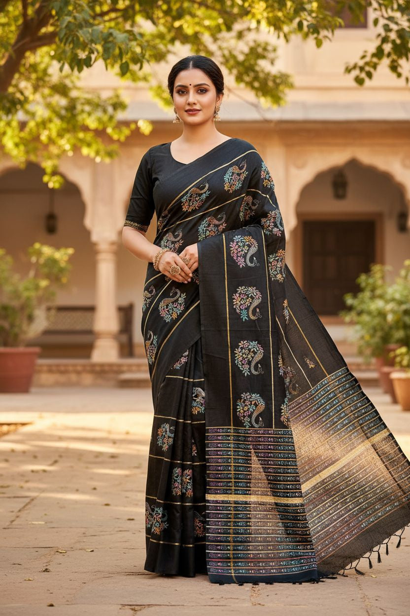 Woman wearing a black saree with floral patterns in an outdoor setting